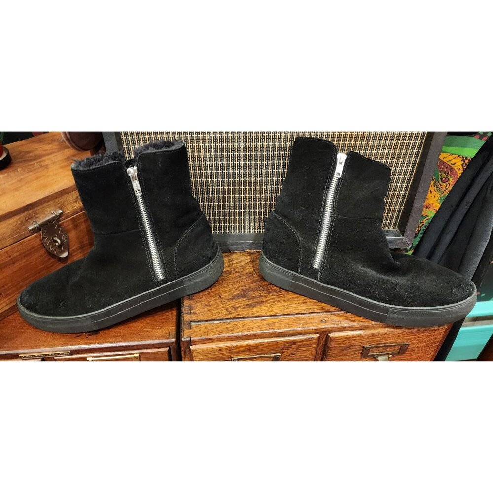 J/SLIDES Black Suede Ankle Boots With Faux Fur Lining & Zipper Closure